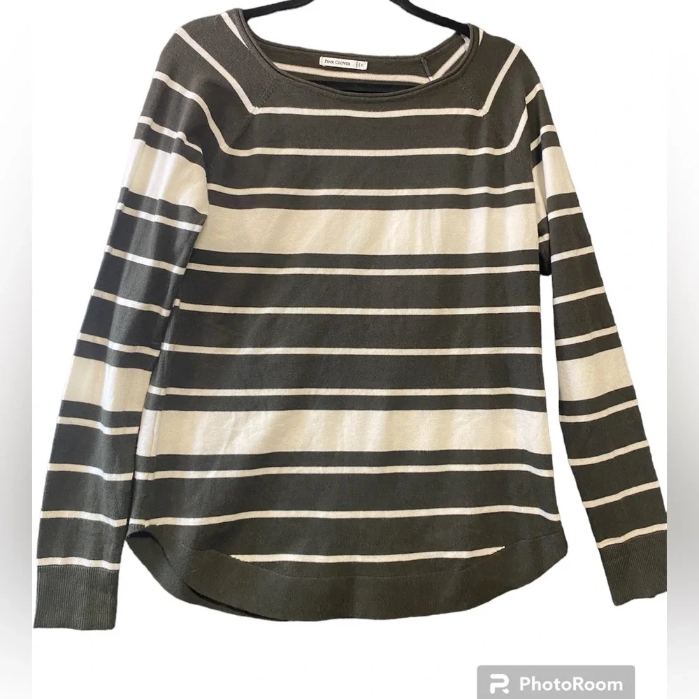 Pink Clover Stitch Fix Valencia Curved Hem‎ Sweater Olive Green Stripe Medium